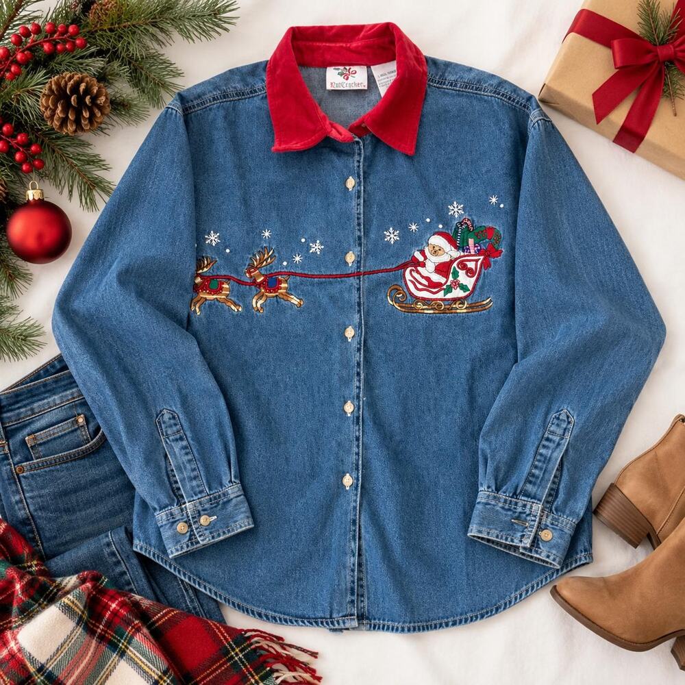 Vintage Nutcracker Christmas Denim Shirt L Santa Sleigh Reindeer Embroidered